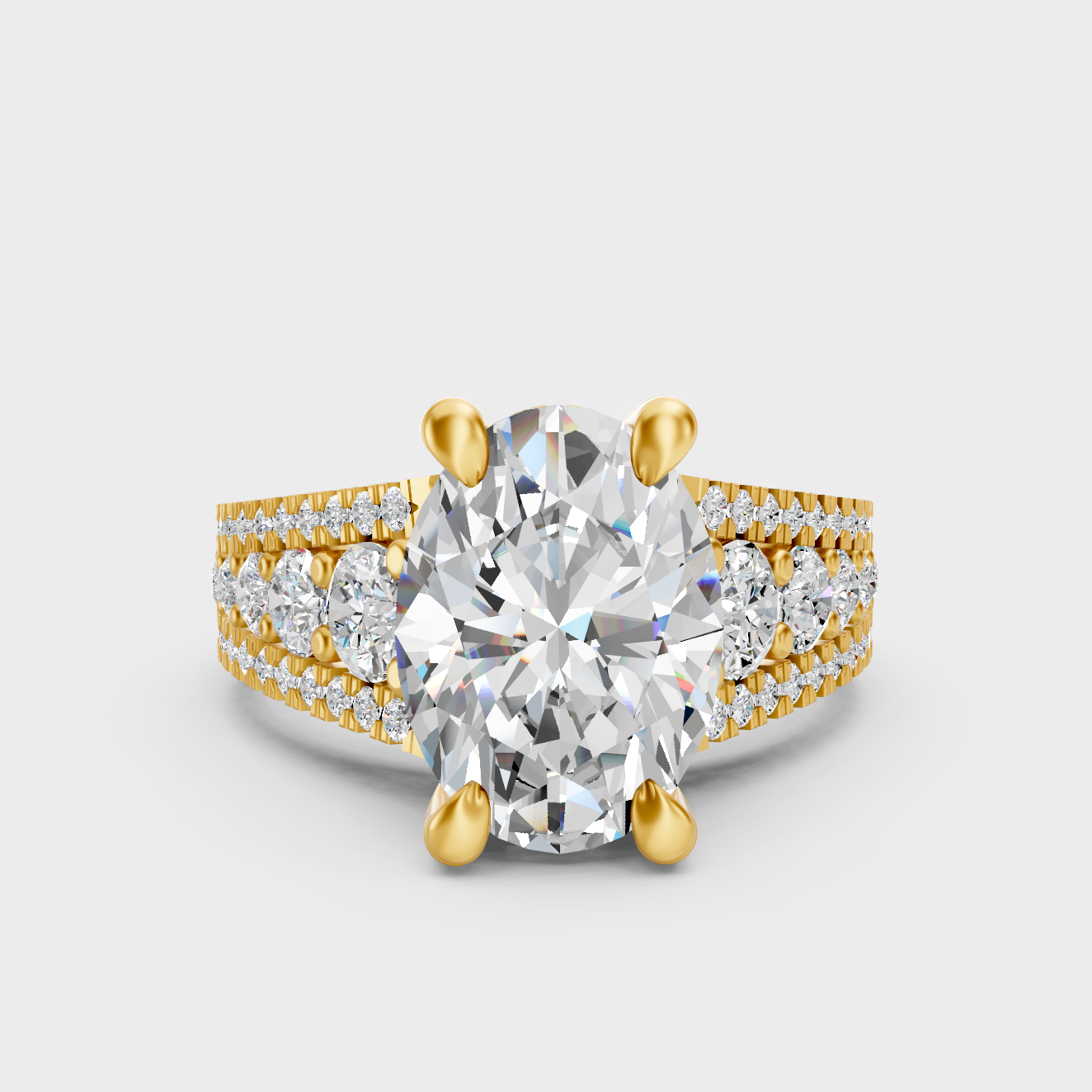 Luxury Oval Diamond Ring In Yellow Gold With Round Accent Sparkle